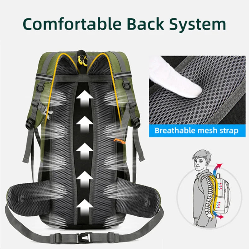 50L waterproof hiking backpack by FanzyMarket, designed for men and women, ideal for camping, travel, and outdoor adventures.