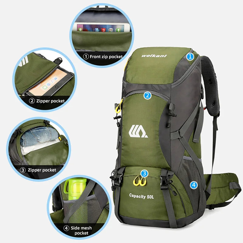 FanzyMarket 50L waterproof hiking backpack for men and women, suitable for travel, camping, and outdoor climbing adventures.