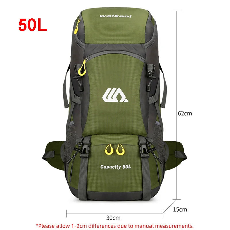 Waterproof 50L hiking backpack by FanzyMarket, suitable for travel, camping, and outdoor adventures for men and women.