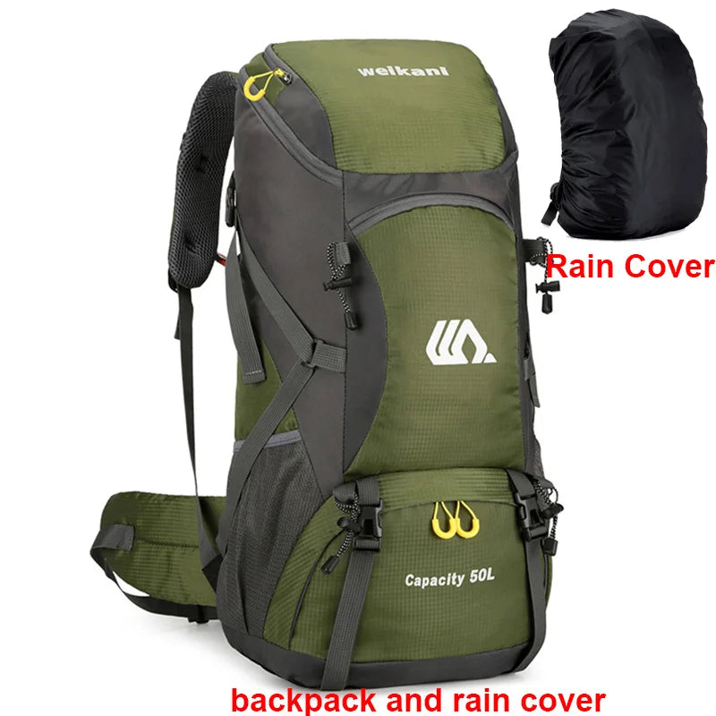 FanzyMarket 50L waterproof hiking backpack for men and women, with adjustable straps and multiple compartments for outdoor travel.