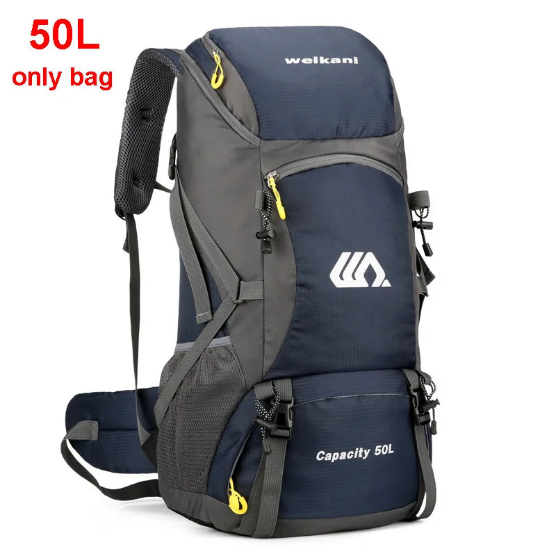 FanzyMarket 50L waterproof hiking backpack with multiple compartments, adjustable straps, ideal for travel, camping, and outdoor adventures.