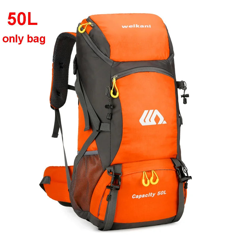 FanzyMarket 50L waterproof hiking backpack for men and women, ideal for camping, travel, and outdoor adventures.