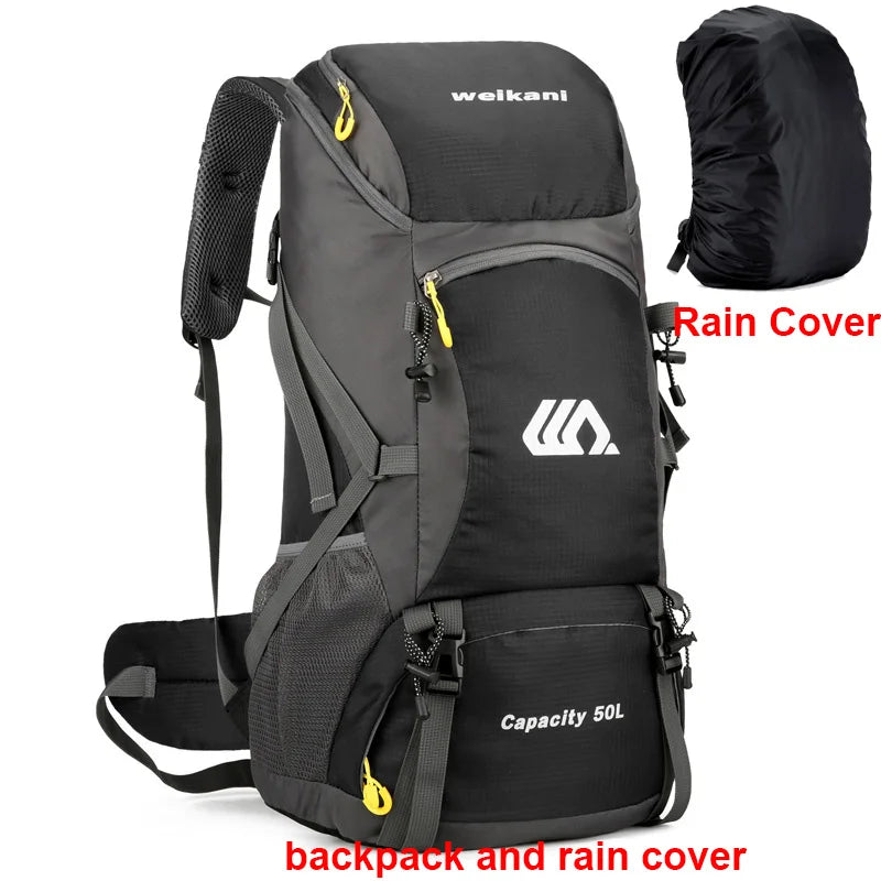 Waterproof 50L hiking backpack by FanzyMarket, suitable for men and women, ideal for travel, camping, and outdoor adventures.