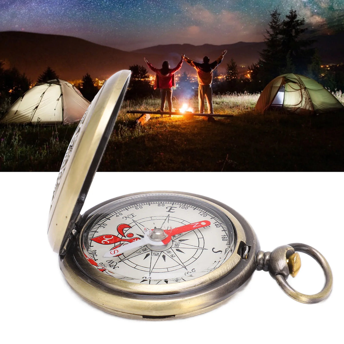 FanzyMarket brass pocket compass on keychain, ideal for camping and hiking outdoor navigation, portable and durable for outdoor adventures.