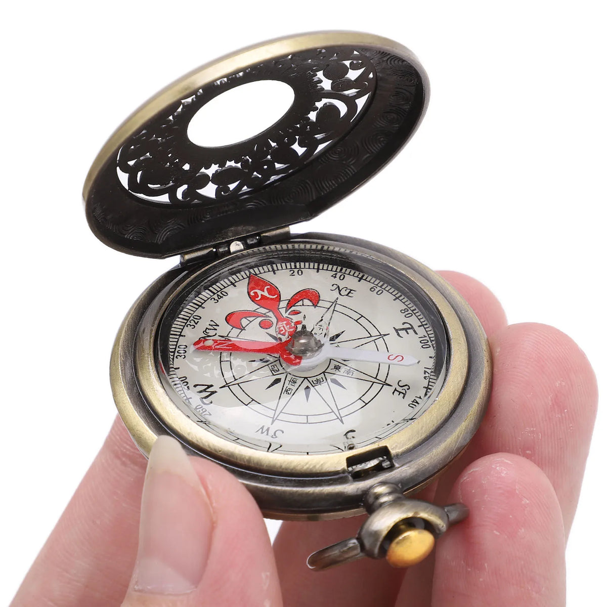 FanzyMarket brass pocket compass on keychain, portable navigation tool for camping and hiking outdoor adventures.