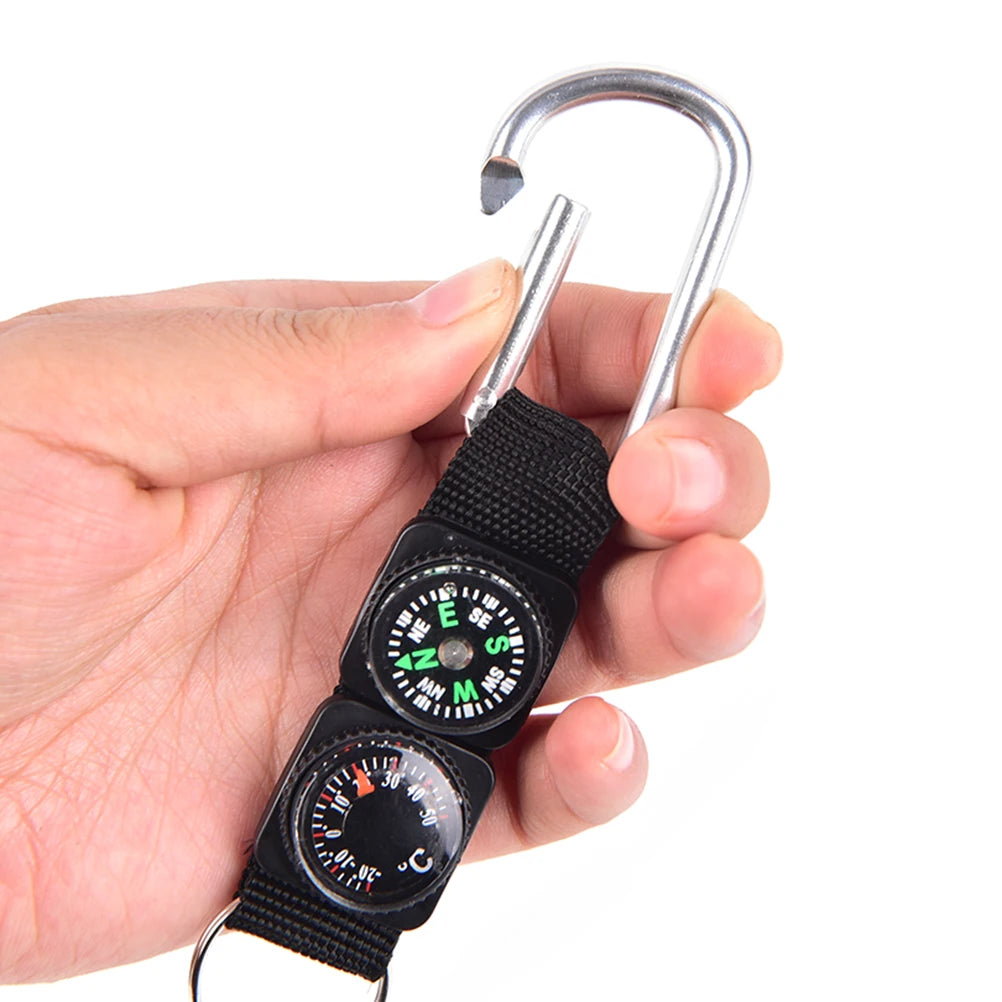 Black 3-in-1 mini carabiner keychain with compass and thermometer, ideal for camping, climbing, and hiking activities.