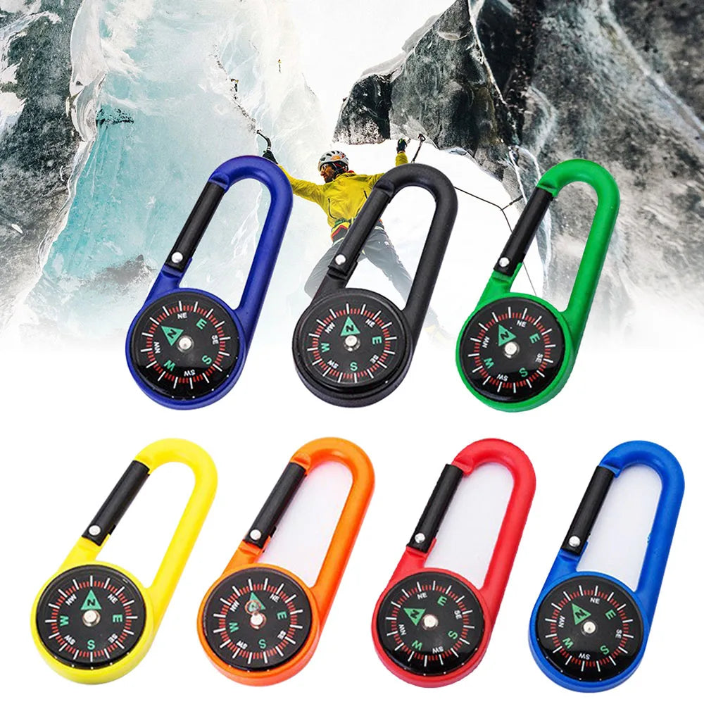 Mini compass carabiner keychain by FanzyMarket, ideal for camping and hiking, attached to a black outdoor backpack buckle.