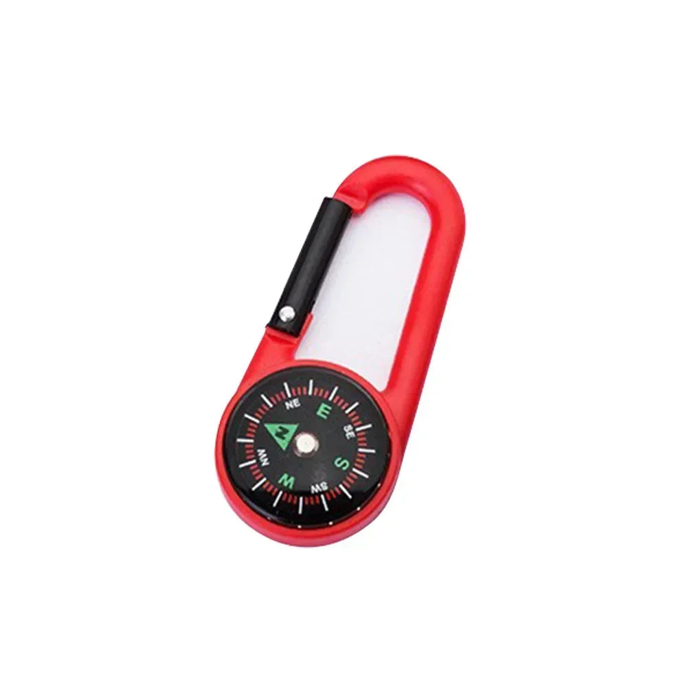 Mini FanzyMarket compass carabiner keychain for camping and hiking, with a durable black metal buckle and survival tool features.