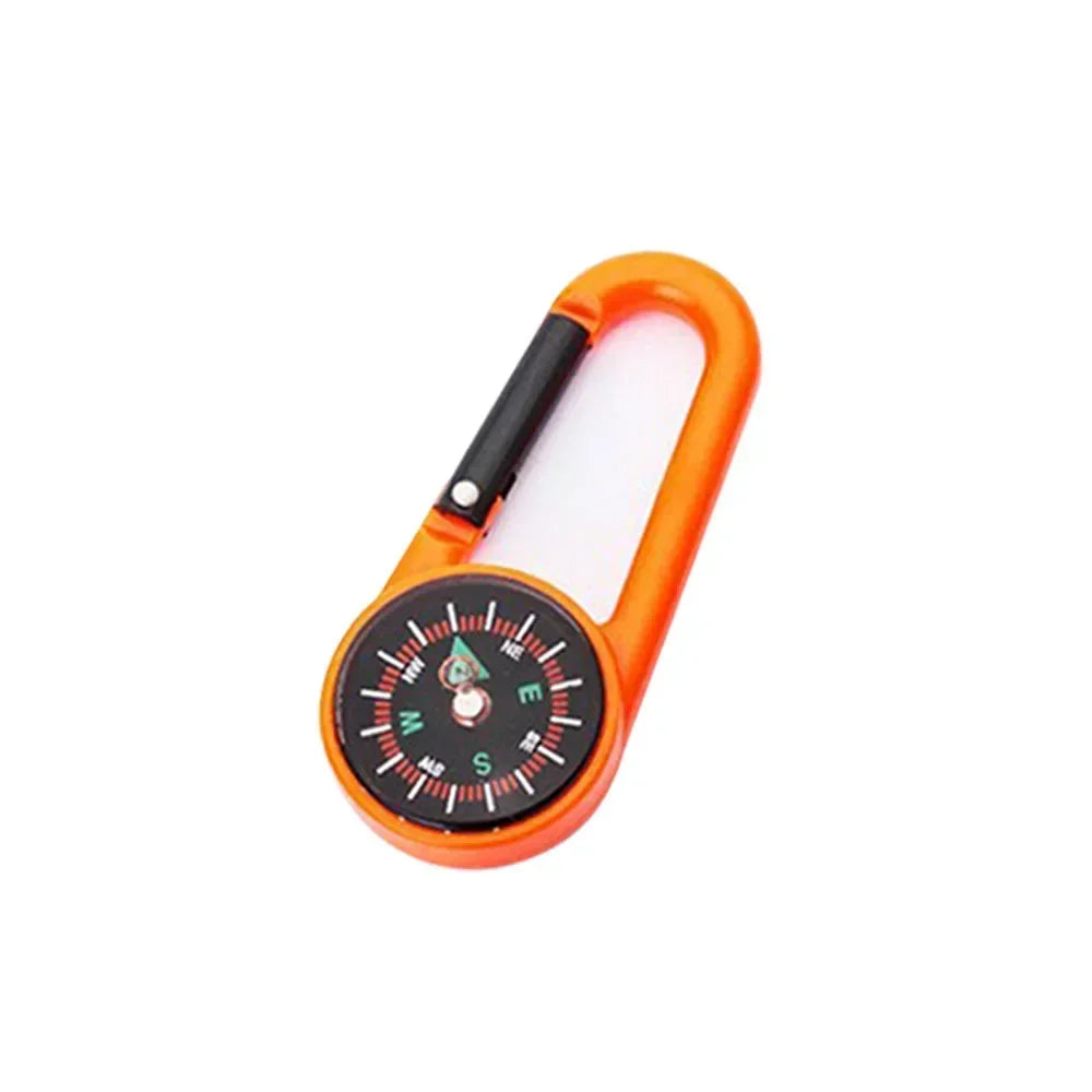 Mini compass carabiner keychain by FanzyMarket, suitable for camping, hiking, and outdoor adventures, with durable black metal buckle.