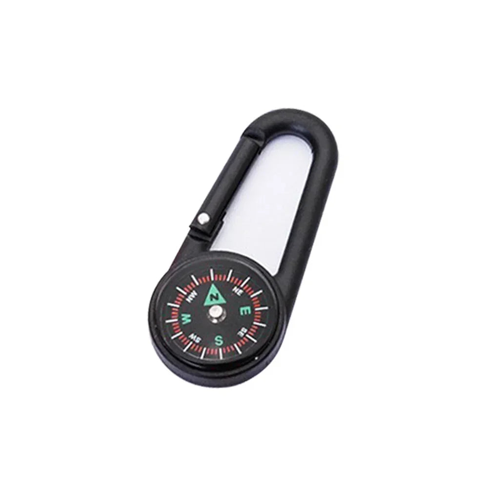 FanzyMarket mini compass carabiner keychain with black outdoor design, ideal for camping, hiking, and outdoor backpack use.
