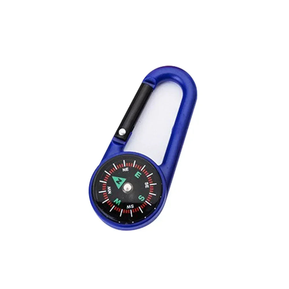 Black mini compass carabiner keychain by FanzyMarket, ideal for camping, hiking, and outdoor survival with durable backpack buckle.