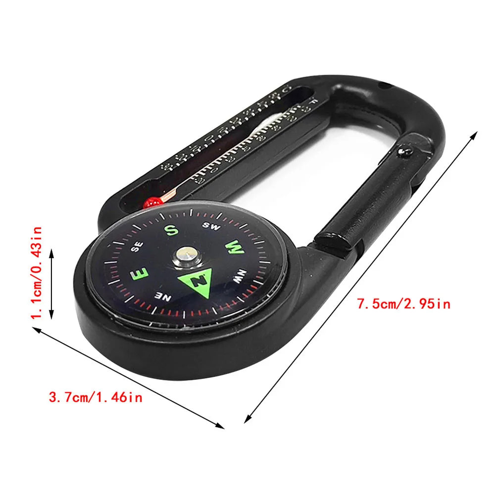 FanzyMarket mini compass carabiner keychain with black metal clip, ideal for camping, hiking, and outdoor survival backpack gear.