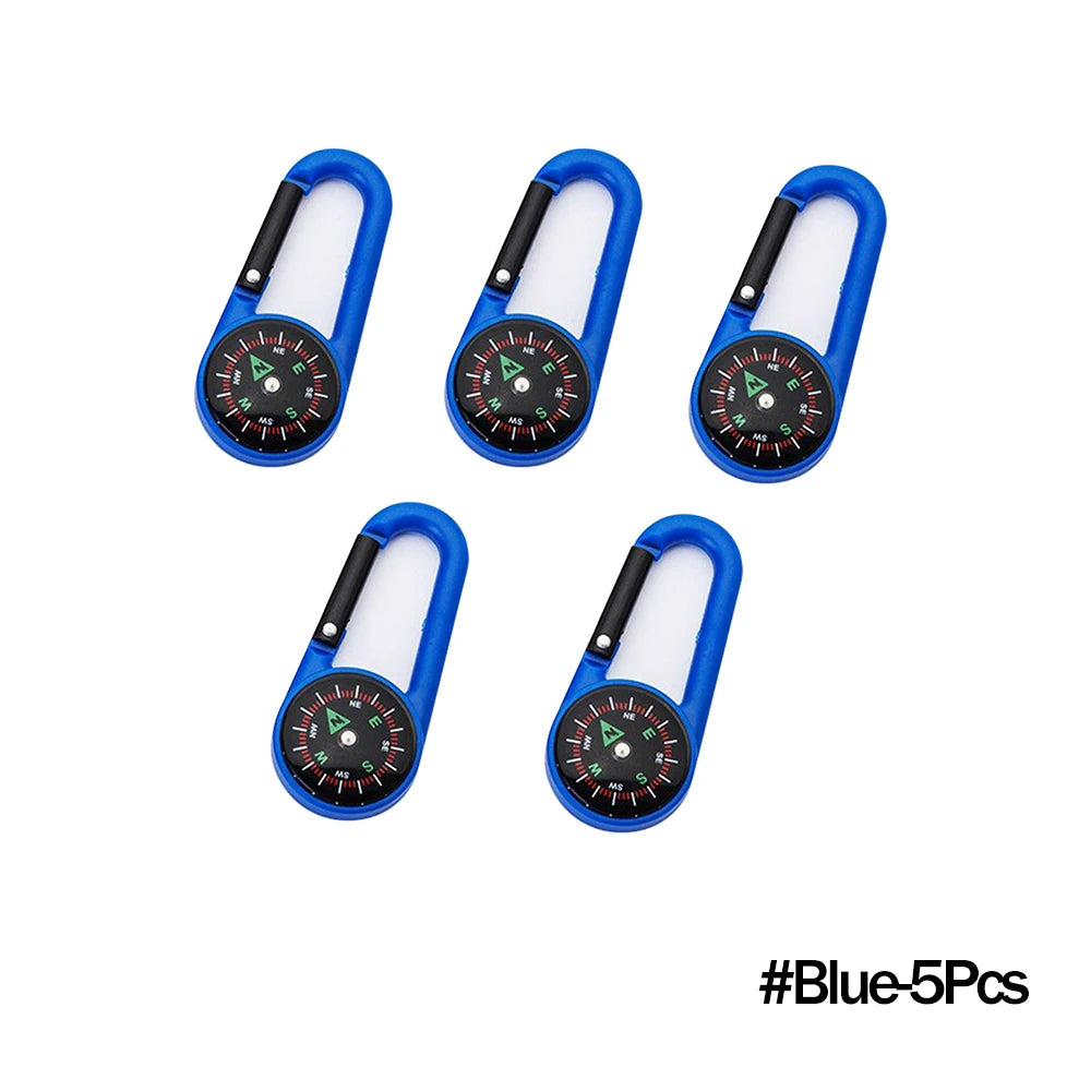 Mini compass carabiner keychain from FanzyMarket, ideal for camping and hiking, attaches easily to backpacks and outdoor gear.