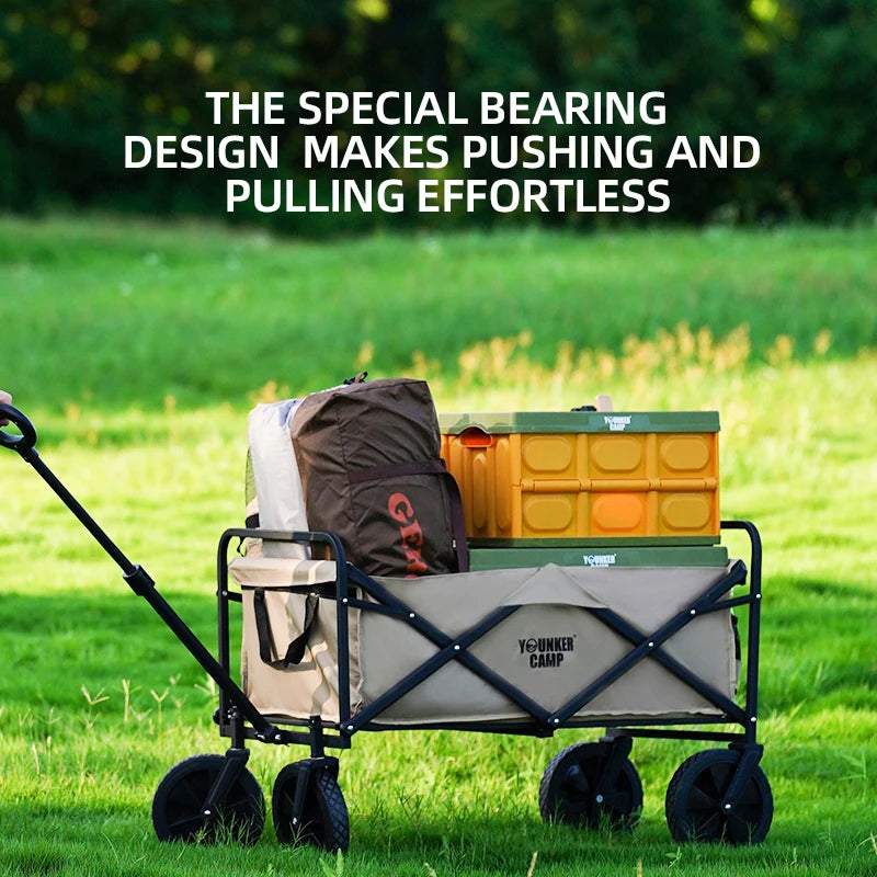 Black collapsible folding utility wagon by FanzyMarket, heavy-duty large capacity trolley for beach, camping, and outdoor activities.