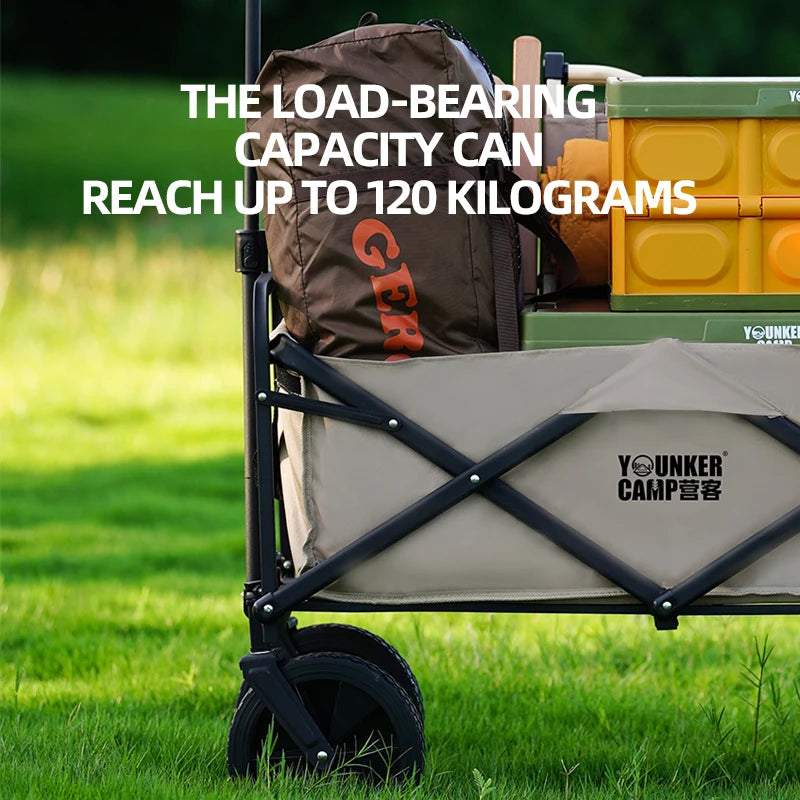 FanzyMarket collapsible utility wagon with large capacity, black heavy-duty portable trolley for beach, camping, and outdoor activities.