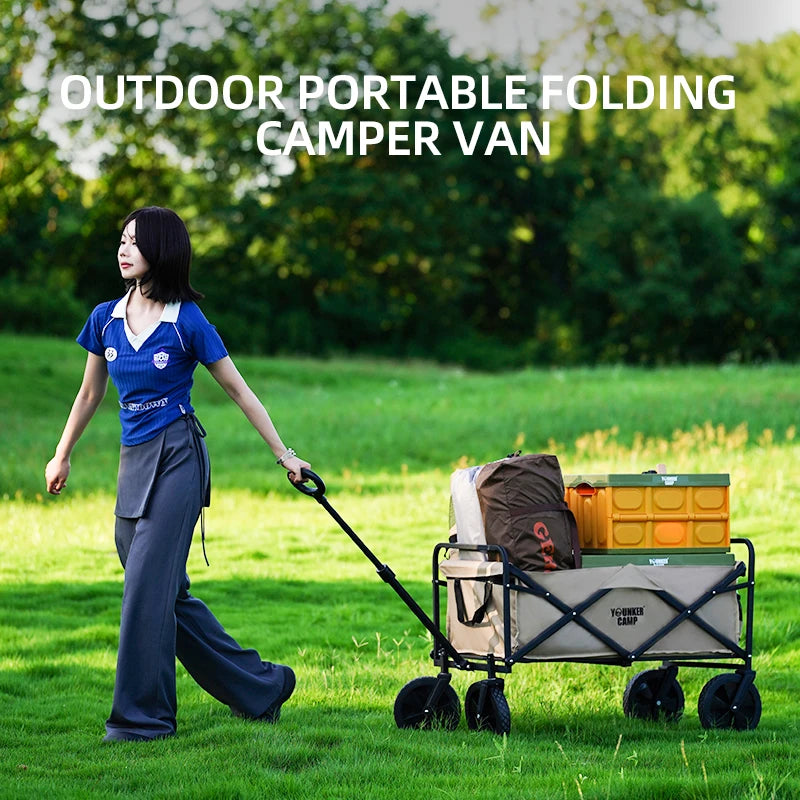 FanzyMarket heavy-duty collapsible utility wagon with large capacity, black portable trolley for beach, camping, and outdoor activities.