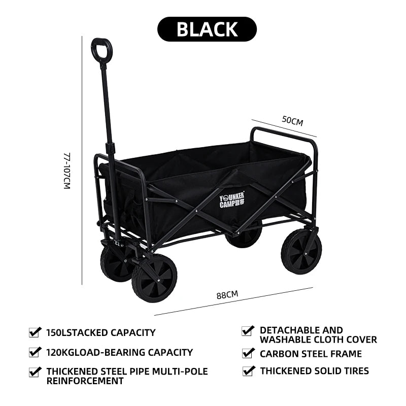FanzyMarket collapsible utility wagon in black, heavy-duty large capacity portable trolley for beach and camping outdoor activities.