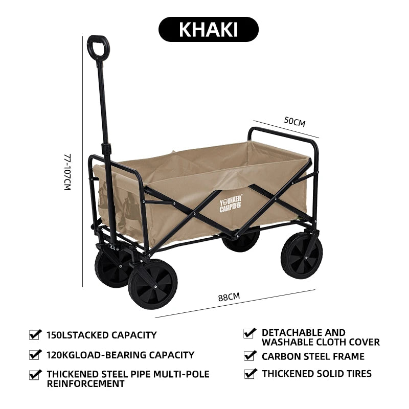 FanzyMarket black collapsible utility wagon with large capacity, heavy-duty construction, ideal for camping, beach, and outdoor activities.