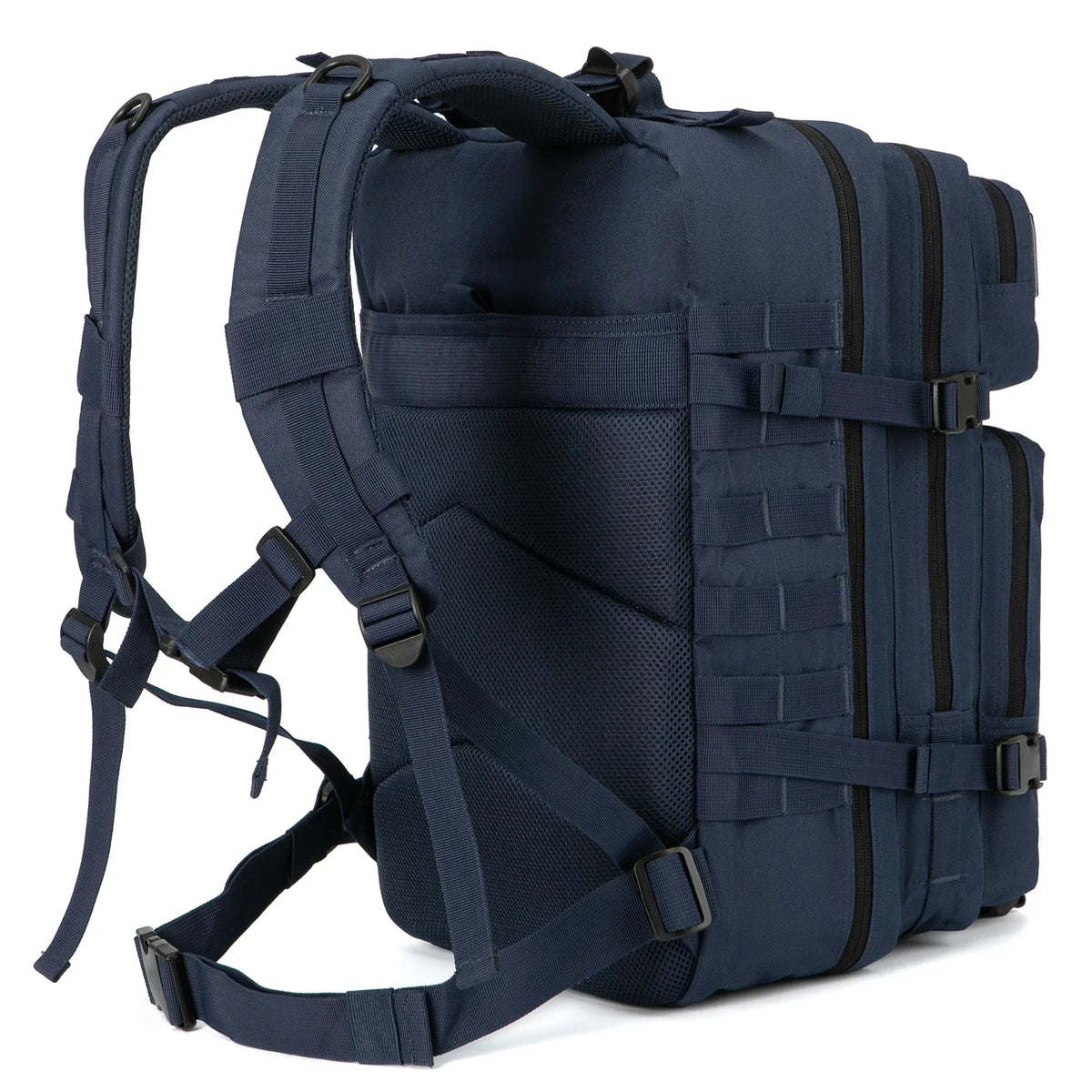 Black FanzyMarket 45L tactical backpack with MOLLE system, large capacity for hiking, camping, and trekking outdoor adventures.