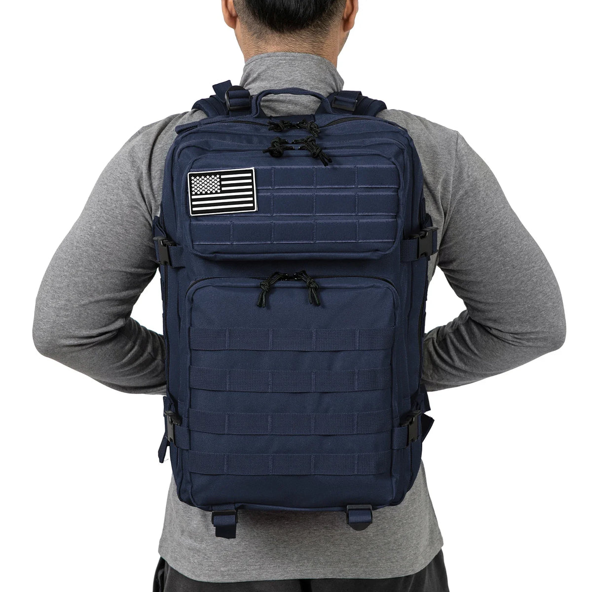 Black 45L tactical backpack by FanzyMarket with molle webbing, large capacity for hiking, camping, and outdoor trekking adventures.