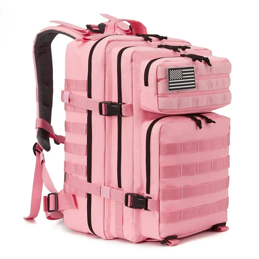 Black 45L tactical backpack by FanzyMarket with Molle system, large capacity for hiking, camping, and outdoor trekking.