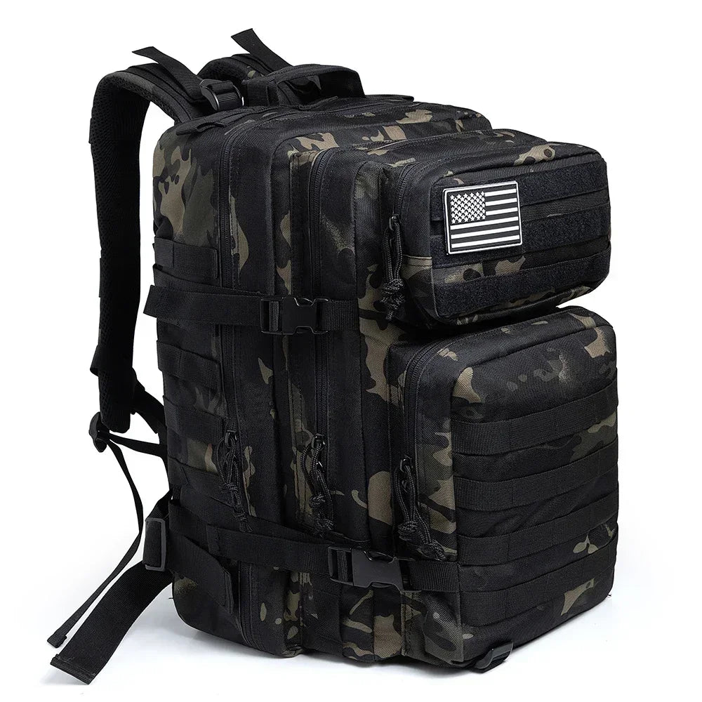Black FanzyMarket 45L tactical backpack with Molle system, large capacity for hiking, camping, and outdoor trekking activities.