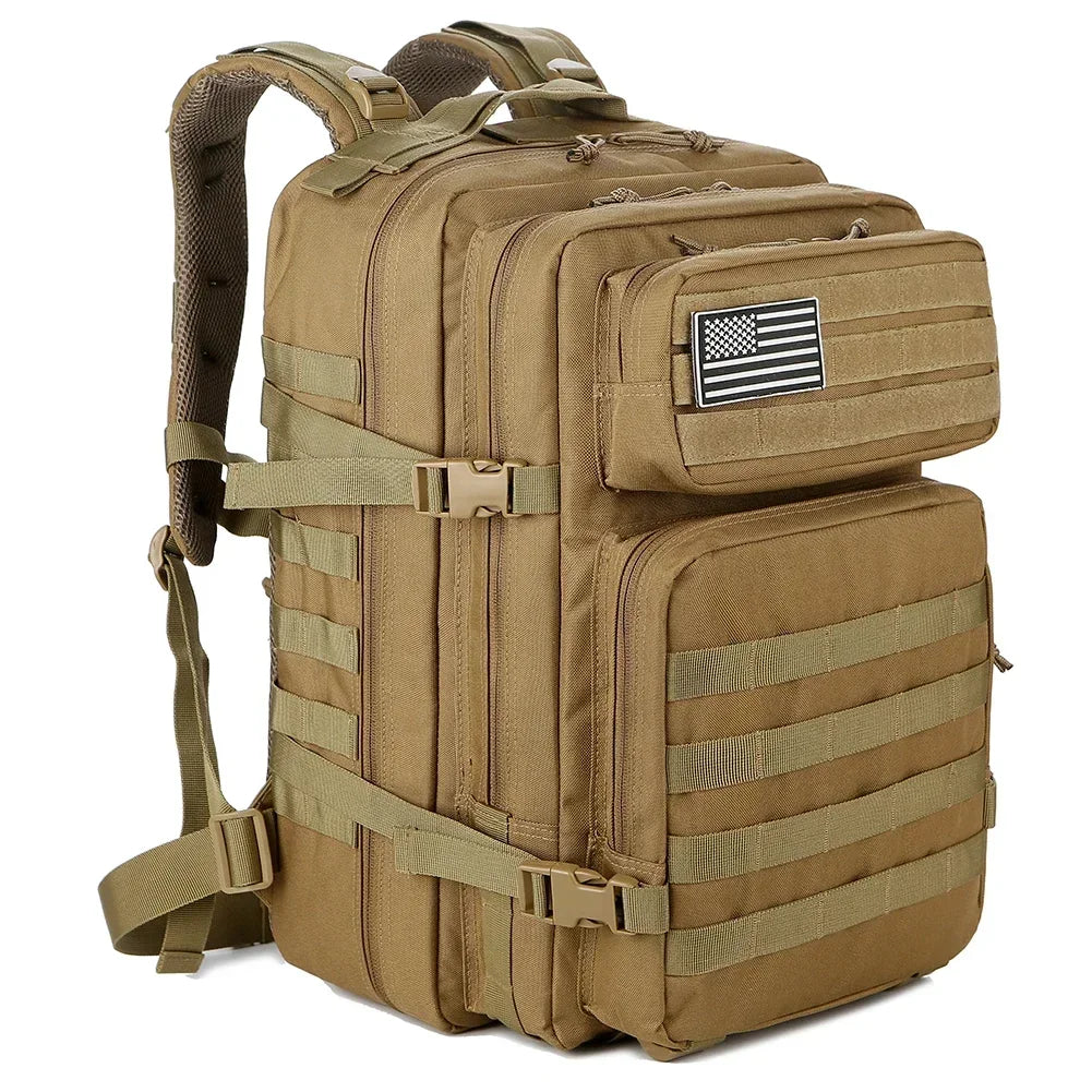 Black FanzyMarket 45L tactical backpack with large capacity, MOLLE system, ideal for hiking, camping, and trekking outdoor adventures.