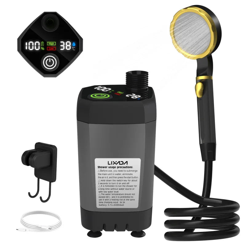 FanzyMarket 6000mAh portable camping shower pump with digital display, outdoor RV shower kit, blue color, compact and lightweight design.