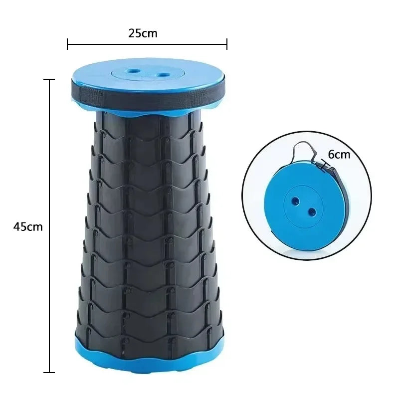 Blue FanzyMarket portable folding telescopic stool, lightweight plastic camping and fishing chair with carry handle, supports up to 500 lb.