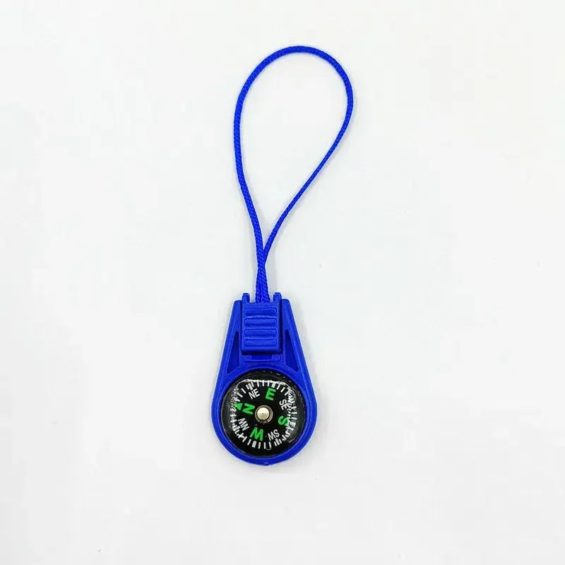 Blue mini tactical pocket compass keychain from FanzyMarket, designed for camping, hiking, and outdoor survival activities.