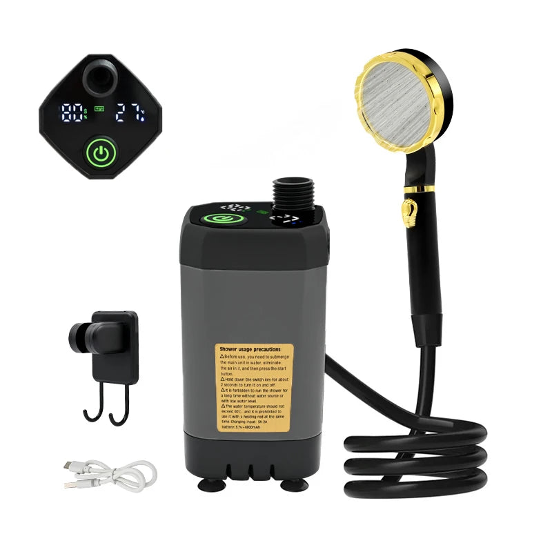 FanzyMarket portable camping shower pump with digital display, 6000mAh rechargeable battery, outdoor RV shower kit, blue color.