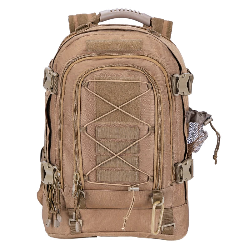 Brown expandable 40-65L tactical backpack by FanzyMarket with military Molle system, water-resistant outdoor hiking and camping gear.