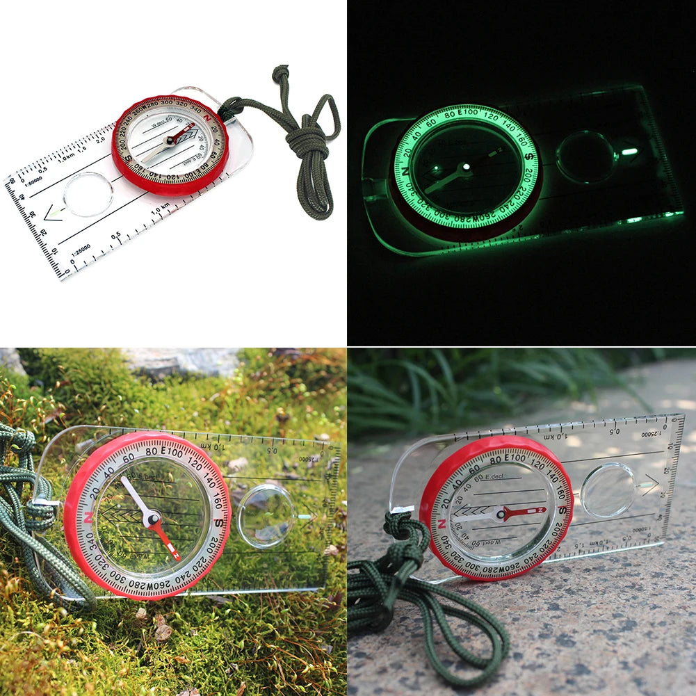 FanzyMarket luminous waterproof hiking compass with high accuracy baseplate and neck strap, 4.2 inches, ideal for outdoor camping and navigation.