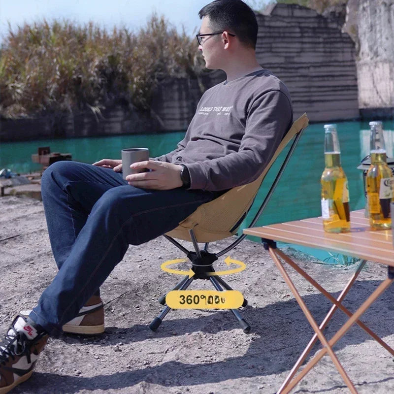 FanzyMarket portable detachable swivel camping chair in khaki, lightweight folding seat with carry bag for fishing and hiking.
