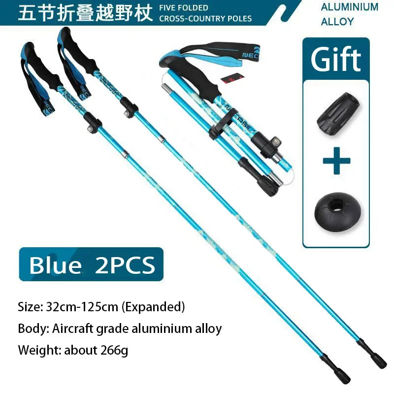 Blue FanzyMarket 3-section adjustable aluminum trekking poles with EVA grips and carbon-tungsten tips for outdoor hiking.