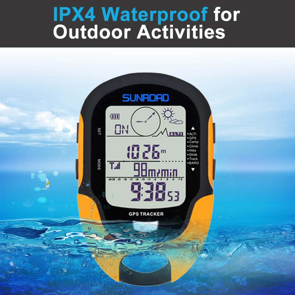 FanzyMarket handheld GPS altimeter, barometer, and compass for hiking, camping, and fishing outdoor navigation.