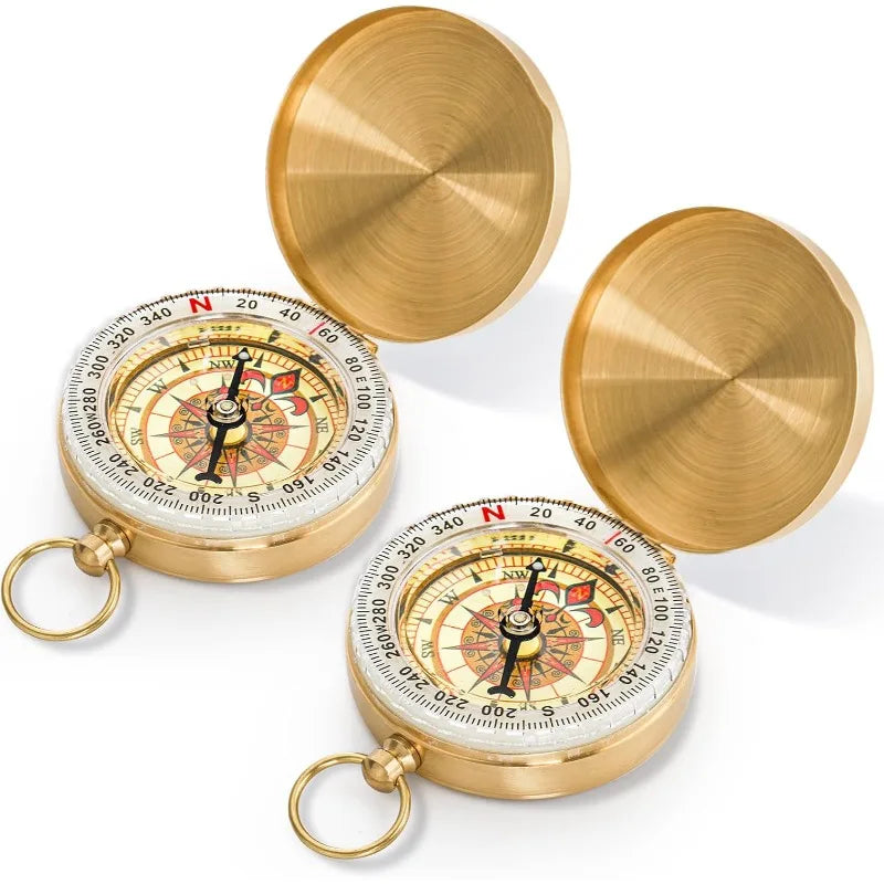 FanzyMarket copper pocket compass with glow-in-the-dark dial, waterproof design, 2x2 inch size, includes lanyard for outdoor navigation.