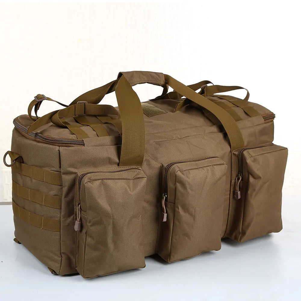 FanzyMarket 55L tactical duffel backpack with MOLLE webbing, convertible design, ideal for camping, travel, gym, and outdoor adventures.