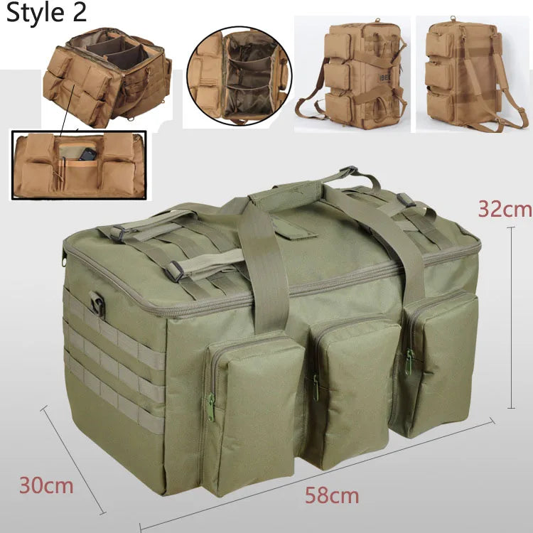 Green 55L FanzyMarket tactical duffel backpack with MOLLE webbing, convertible design for travel, gym, and outdoor camping activities.
