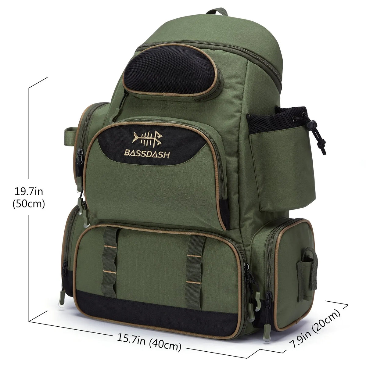 Green lightweight tactical fishing tackle backpack by FanzyMarket with MOLLE webbing, rod holders, and rain cover for outdoor fishing.