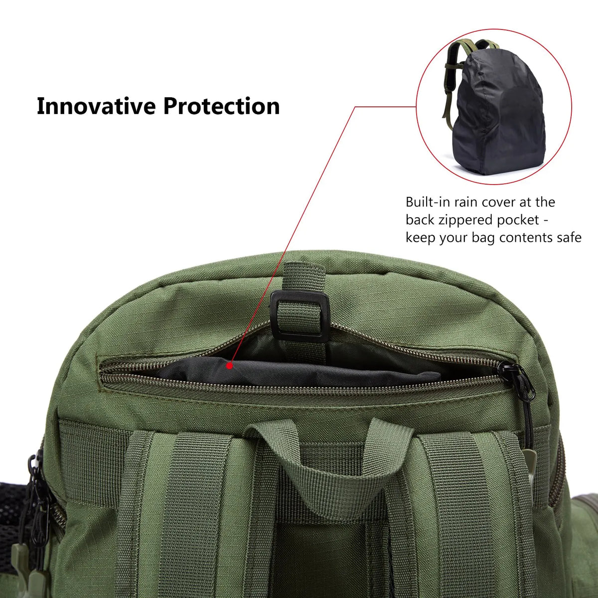 Green lightweight tactical fishing tackle backpack with MOLLE, rod holders, rain cover, and multiple compartments for outdoor fishing.