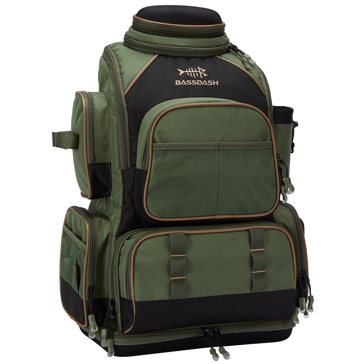 FanzyMarket lightweight tactical fishing tackle backpack in khaki with soft tackle box and rain cover for outdoor fishing trips.