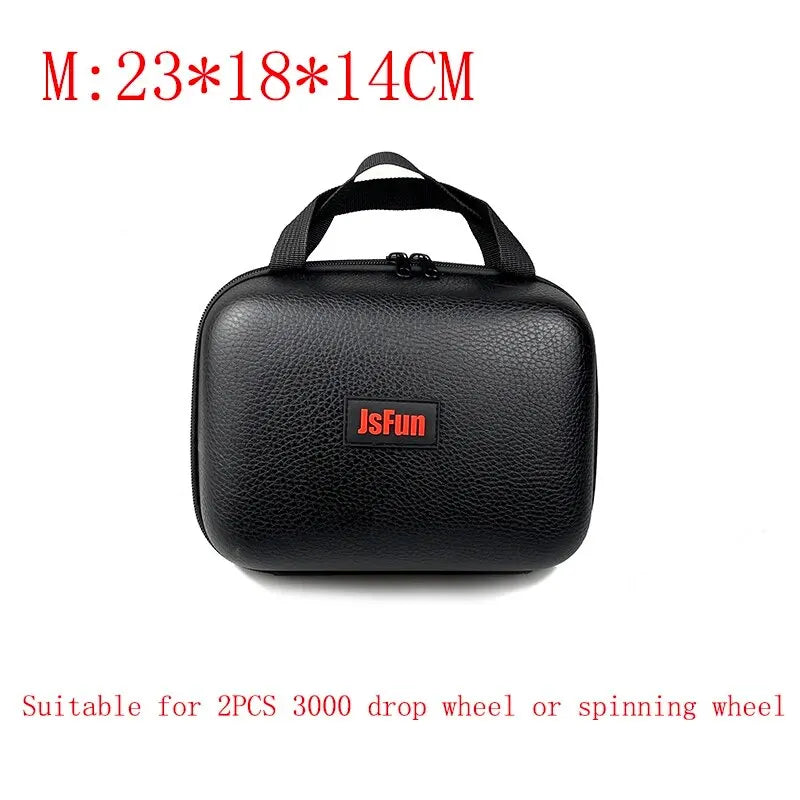 FanzyMarket waterproof shockproof spinning reel bag in S/M/L sizes, designed for outdoor fishing reel storage, fits 1-2 reels.