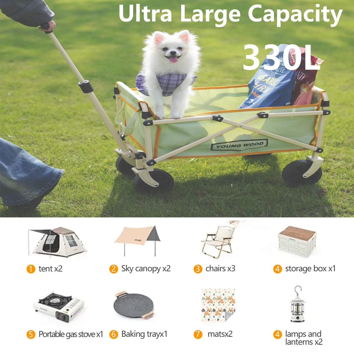 Mini green camping cart by FanzyMarket, compact and lightweight trolley with sturdy frame for outdoor camping and fishing trips.