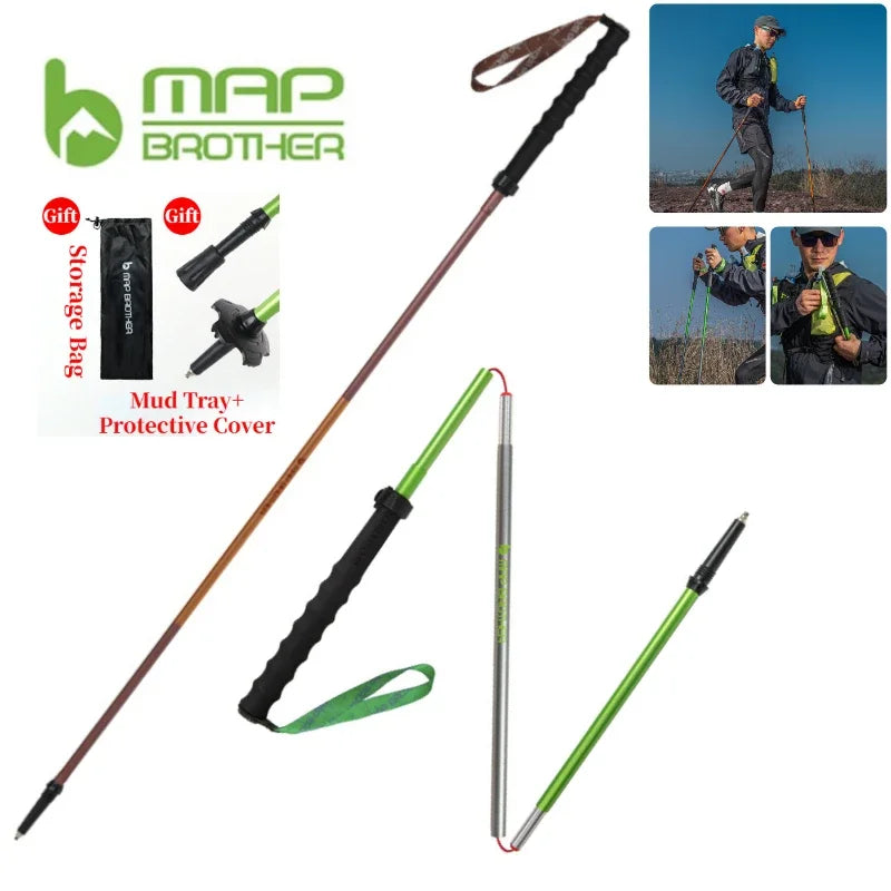 Pair of FanzyMarket foldable trekking poles with adjustable 4-section aluminum shafts, EVA grips, tungsten-cobalt tips, in purple.
