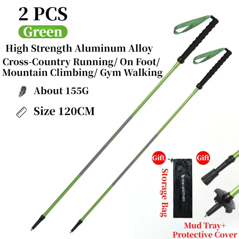 Pair of FanzyMarket foldable trekking poles with purple EVA grips, 4-section aluminum design, adjustable 110-120cm, tungsten-cobalt tips.
