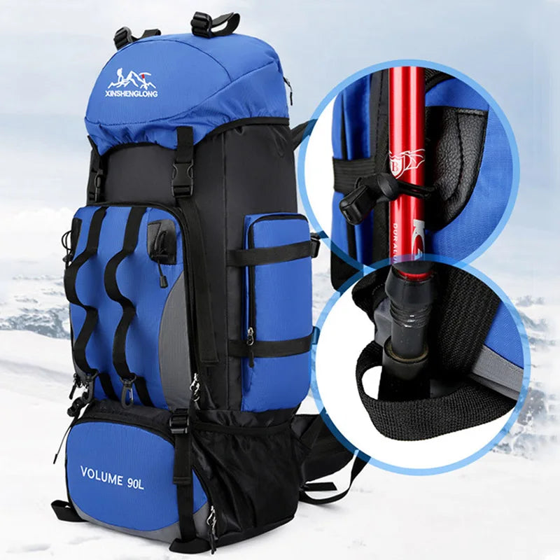 Red 90L waterproof hiking backpack by FanzyMarket, large capacity trekking rucksack for camping and outdoor travel.