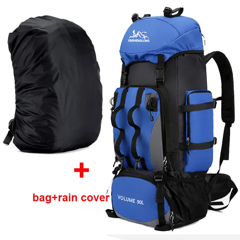 Red 90L waterproof hiking backpack by FanzyMarket with large capacity, adjustable straps, multiple compartments, outdoor trekking gear.