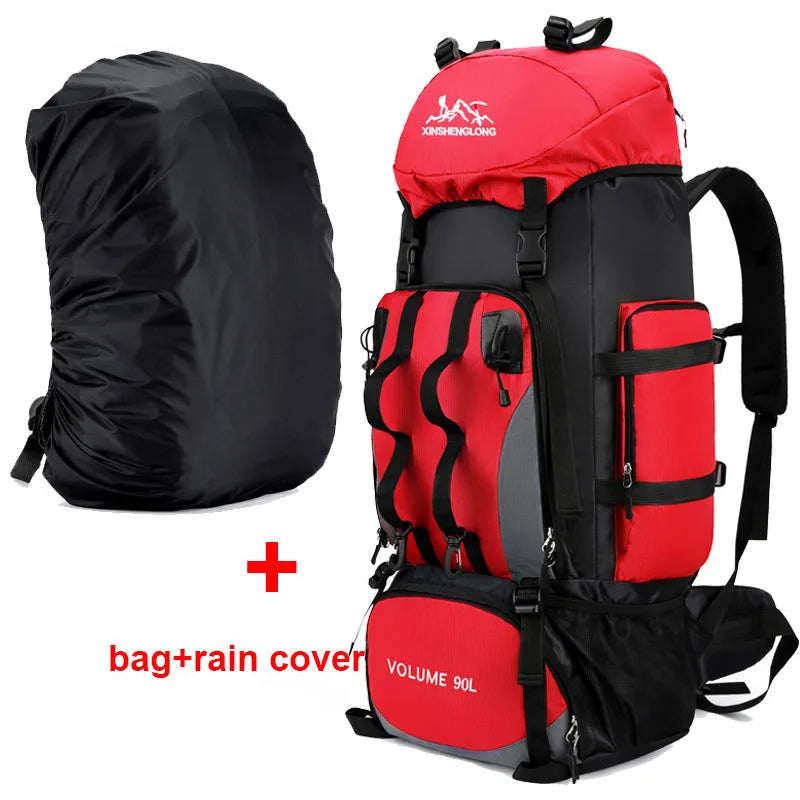 Red 90L waterproof hiking backpack by FanzyMarket, large capacity trekking rucksack for camping and outdoor travel, unisex design.