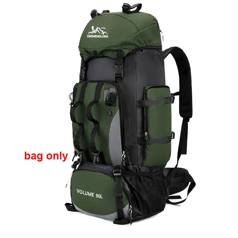 Red 90L waterproof hiking backpack by FanzyMarket, large capacity trekking rucksack for camping and outdoor travel.